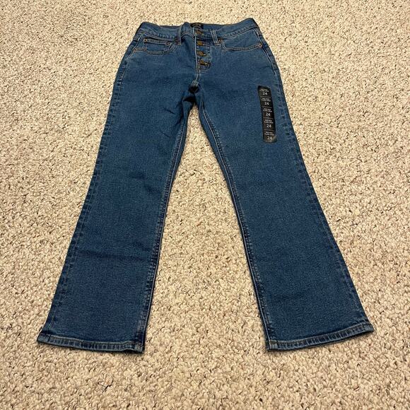 NWT J Crew Mid Rise Flare Crop Jeans Sz 24 Denim Stretch Medium Wash - Picture 1 of 4